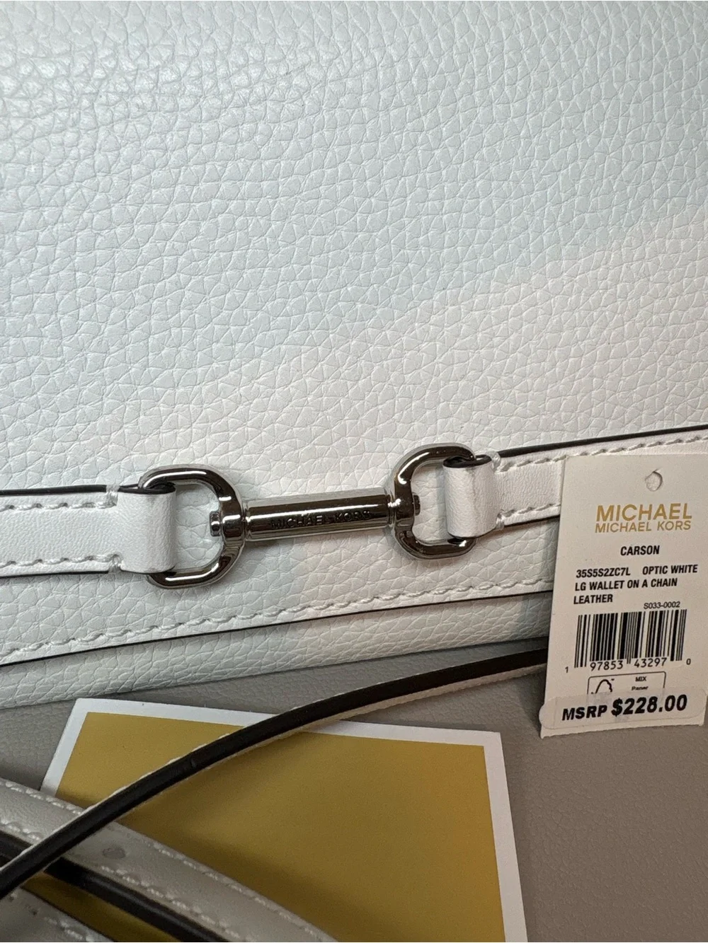 MICHAEL Michael Kors Optic White Leather Crossbody Clutch with Silver Chain